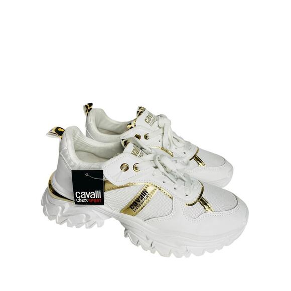 Cavalli class womens Chunky sneakers size 39 white/gold/leopard New - Picture 2 of 9